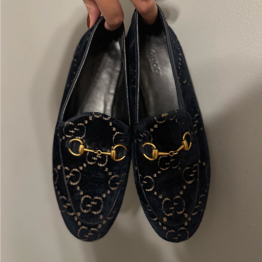 Gucci Blue Velvet Loafers with Gold Accents